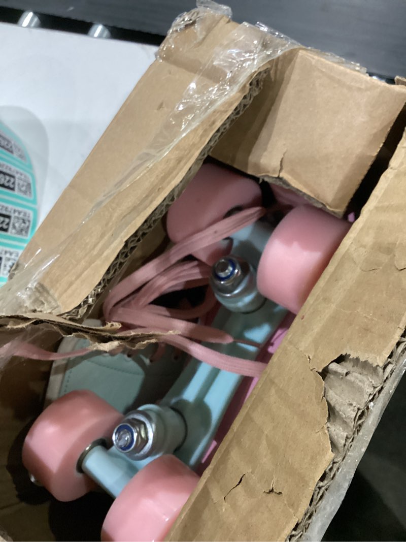 Condition photo showing New/Like New for jessie Outdoor Roller Skates for Women & Teens, High Top PU Leather Quad Skates with Light-Up Wheels for Indoor/Outdoor Skating, Ideal for Beginners & Casual Skaters 36-8.97in-Women's 6/Men's 5 Green Pink, Flash Wheel