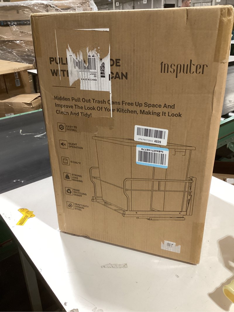 Condition photo showing Good Condition for Insputer Double 40QT Pull Out Trash Can Under Cabinet, Heavy Duty Under Sink Garbage Bin Kit with Soft-Close Slides for Kitchen, Laundry, Requires Minimum Cabinets Opening 18" W X 24" D Silver Double-10Gal