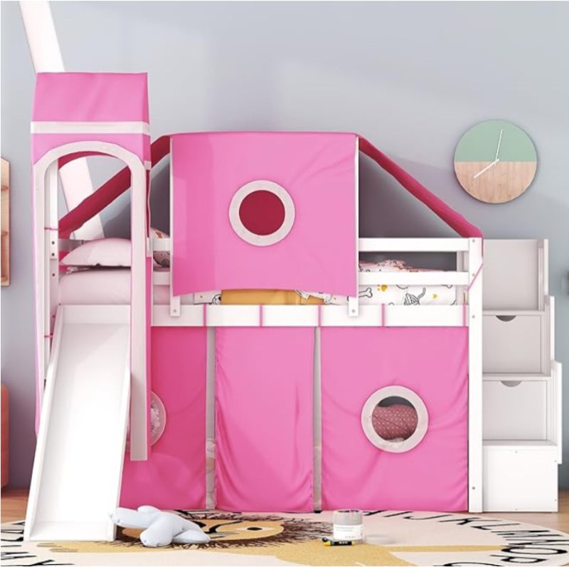 Incomplete box 1 only) House Loft Bed with Tent and Tower,Wood Bed Frame with Slide and Stairway for Bedroom,No Box Spring Required (Pink, Twin)