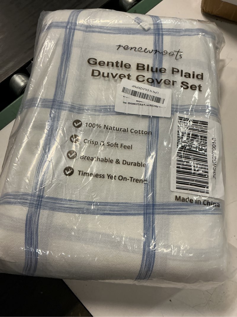 Condition photo showing Good Condition for blue plaid duvet cover king, 100% soft washed cotton king size duvet cover set 3 pieces with zipper clousre & corner buttons (white/blue plaid, king 104 x 90) white/blue plaid king