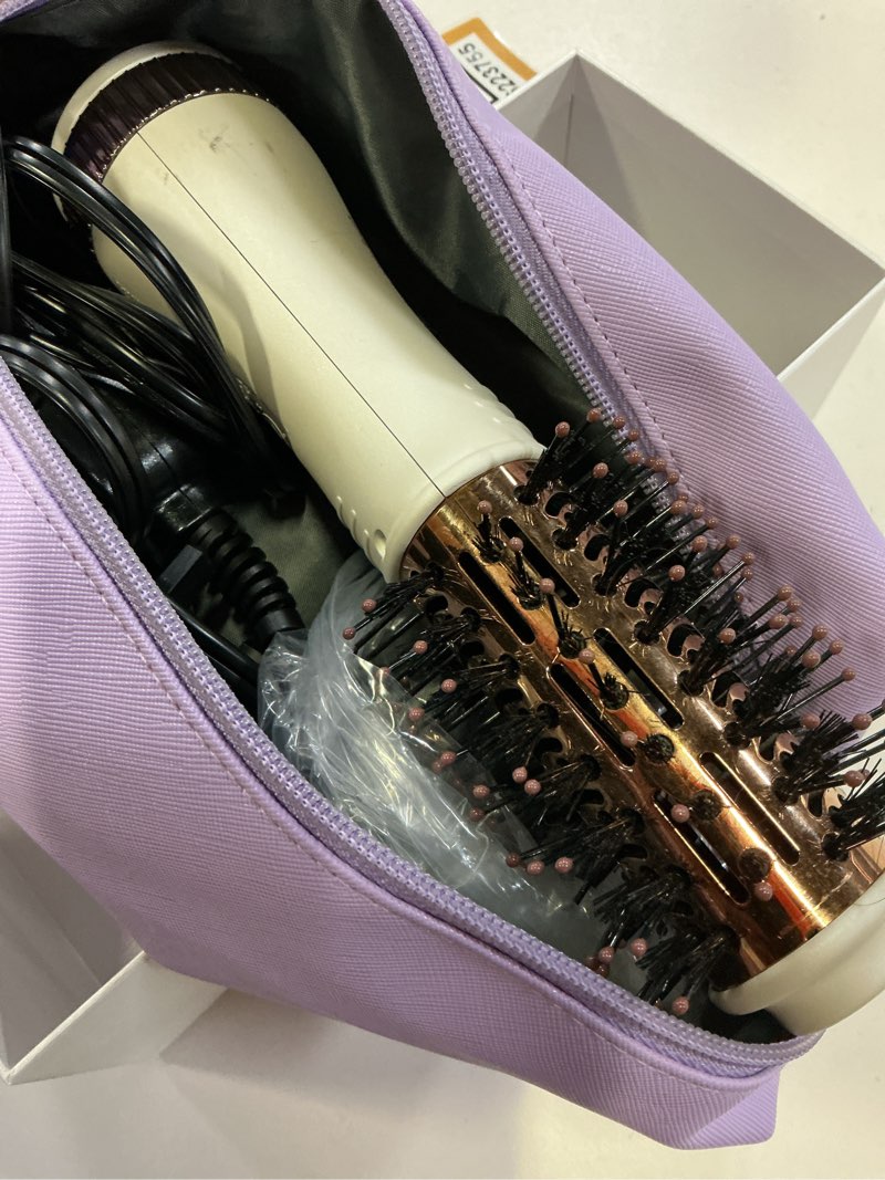 Condition photo showing As Is for travel dual voltage hair dryer brush 4-in-1 portable mini hot air blow dryer straightener & curler brush, titanium round blowout styler volumizer tools, 110/240v us/eu/uk plug for international travel nacre white & rosé gold
