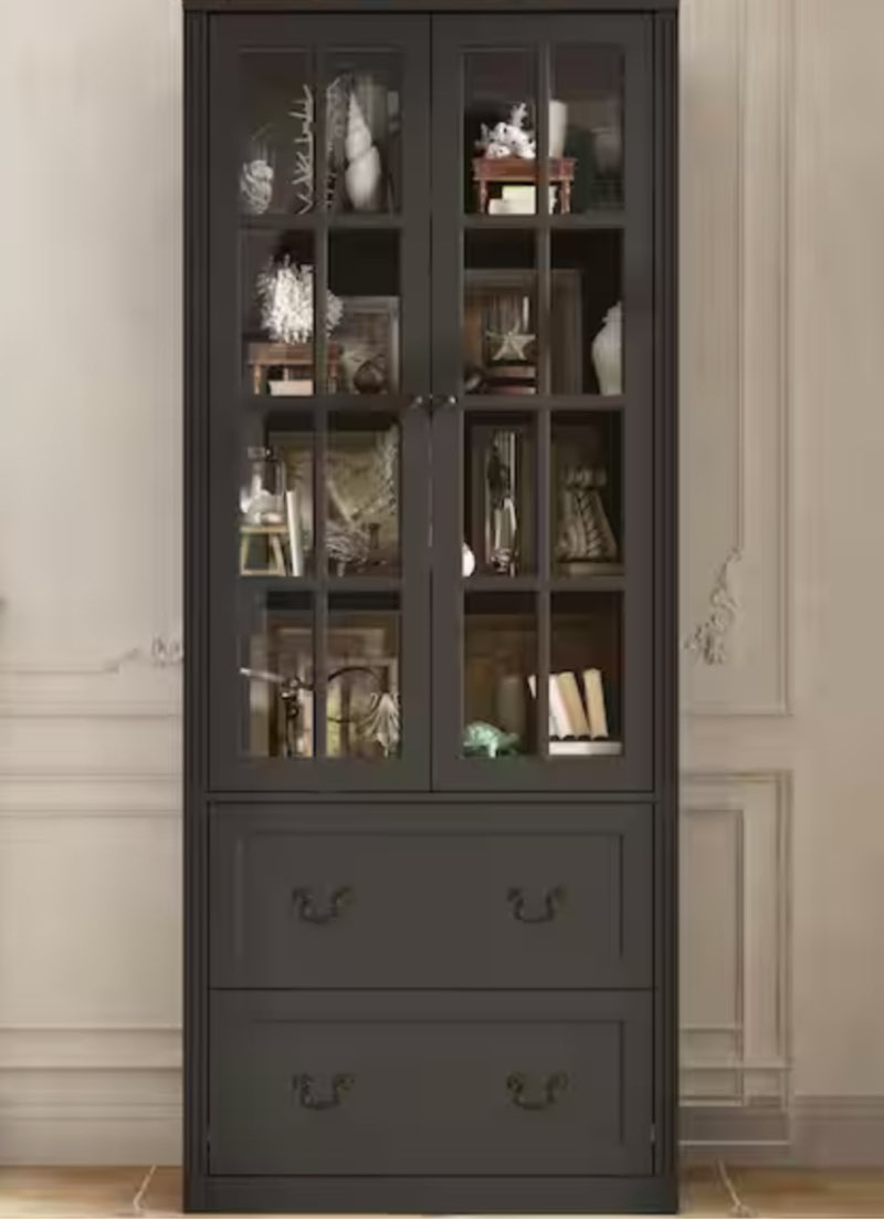 Black Wooden 31.5 in. W Buffet Pantry Cabinet Kitchen Cabinet with Adjustable Shelves and Tempered Glass Doors, Drawers