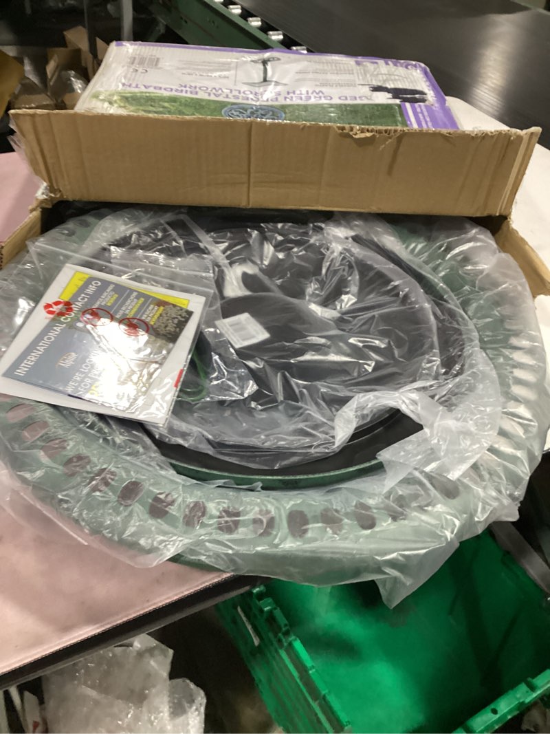Condition photo showing New/Like New for alpine corporation tec116 outdoor aged green pedestal birdbath with scrollwork, 28" tall, green aged green birdbath