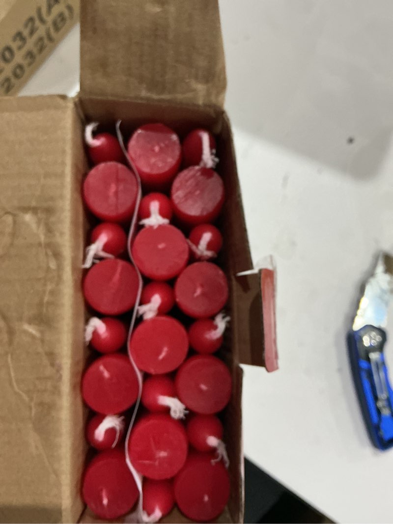 Condition photo showing Good Condition for 24 pack red taper candles, 7-8 hours burn time, unscented, smokeless and dripless, 0.75 x 10 inch dinner candle set for christmas,household, wedding, party and home décor candlesticks red-24