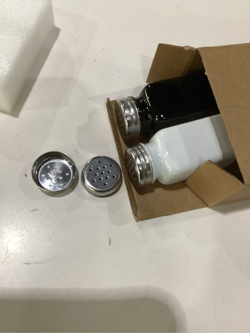 Condition photo showing As Is for 2 pack salt and pepper shakers set, glass shaker with stainless steel lid, modern and cute farmhouse (black and white) black, white (medium)