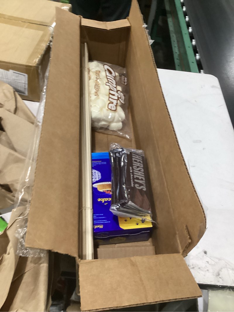 Condition photo showing New/Like New for 112-piece s’mores kit – makes 24 s’mores – includes 30” birch roasting sticks, graham crackers, chocolate & marshmallows – great for camping, bonfires, parties s'mores kit