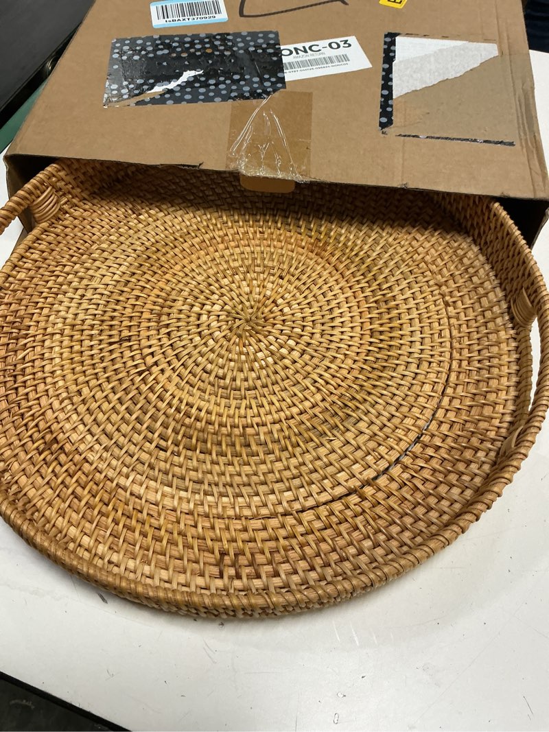 Condition photo showing Good Condition for rattan large serving tray, wicker round fruit/bread serving basket, extra large decorative ottoman tray for living room, coffee table, breakfast, 16.9 inch 16.9" natural 1