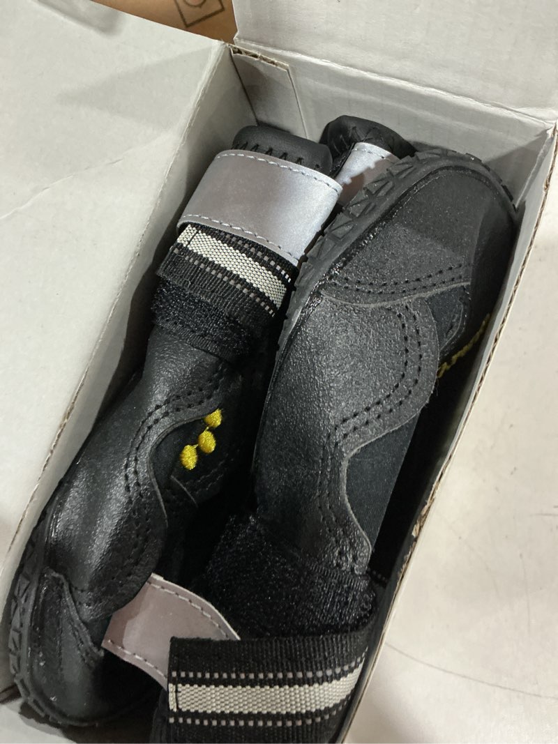 Condition photo showing As Is for qumy dog shoes for large dogs, medium dog boots & paw protectors for winter snowy day, summer hot pavement, water-resistant in rainy weather, outdoor walking, indoor hardfloors skid-resistant sole black size 7: 2.8''x3.2"(w*l) (pack of 4)