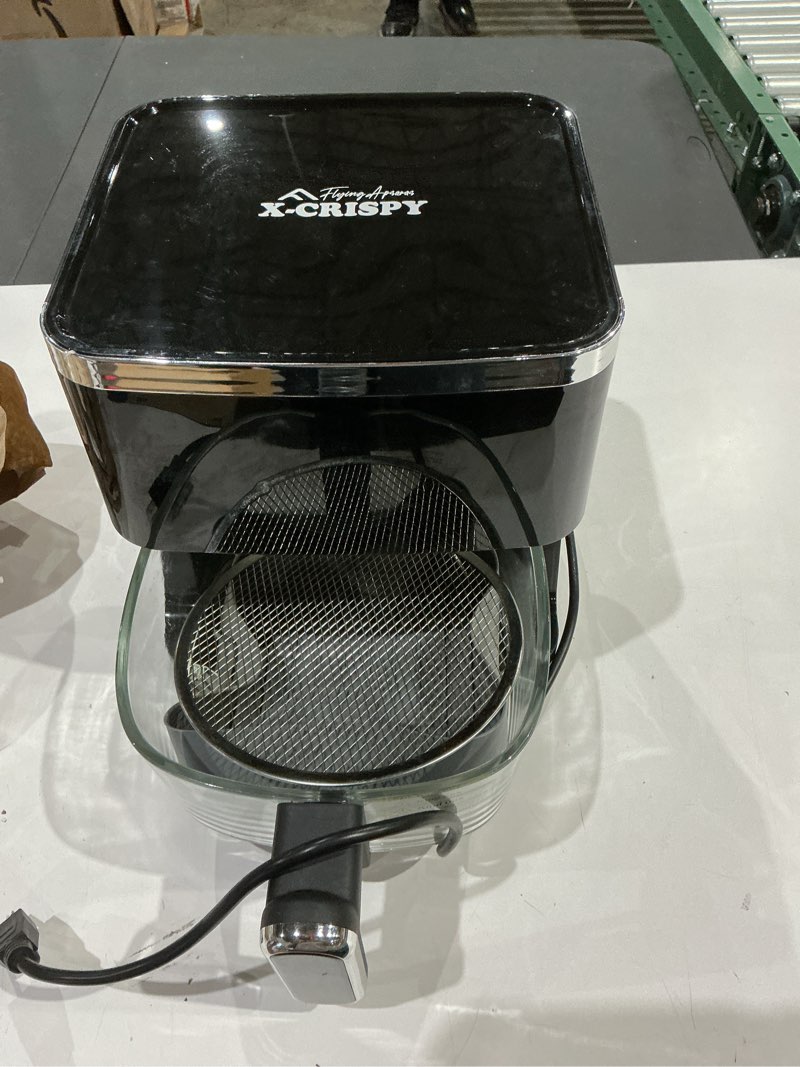 Condition photo showing As Is for glass air fryer,4.5qt air fryer with viewing glass pot, air fry, roast, reheat, dehydrate, air crisp technology,nonstick & dishwasher safe basket,97% less oil,features digital timer