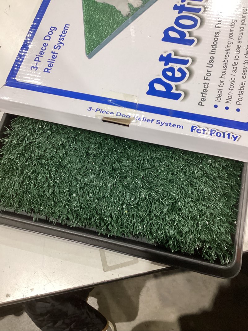 Condition photo showing As Is for similar to not exact dog grass mat with pee pad 20×25\", small dog litter box indoor artificial turf grass porch waterproof patio potty tray for doggie reusable washable pads and lawn for replacement for puppy training 20\" x 25\"