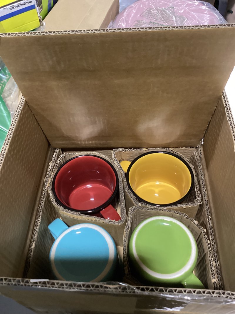 Condition photo showing New/Like New for bestone set of 4 large ceramic mugs with handles, 16 oz, vibrant colors, microwave & dishwasher safe, perfect for coffee, cereal, latte, salad, noodles multicolor 16-oz