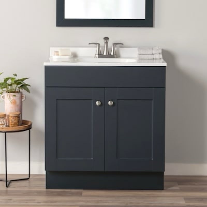  project source dover 30-in navy blue single sink bathroom vanity with white cultured marble top