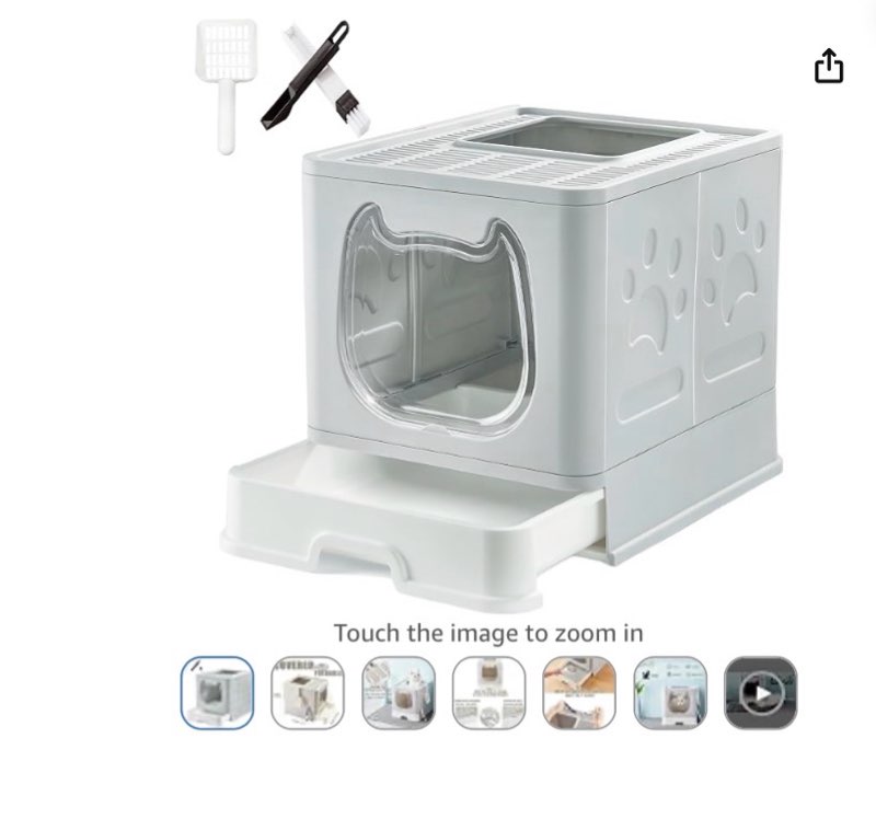 Gefryco Litter Box with Lid for Small to Medium Cats, Enclosed Cat Litter Box with Cover?High Sided Top Entry Cat Box with Brush and Scoop, Cute Kitty Litter Pan with Drawer for Growing Kittens(Grey)