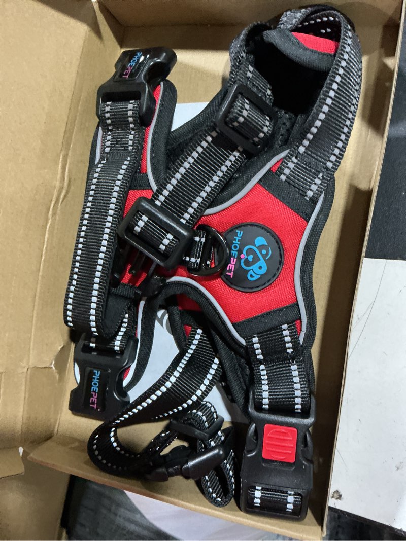 Condition photo showing New/Like New for phoepet no pull dog harness medium reflective front clip vest with handle,adjustable 2 metal rings 3 buckles[easy to put on & take off](m, red) medium red