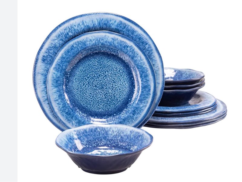  Topmela 12 Pcs Blue Melamine Dinnerware Set, Shatterproof and Dishwasher Safe, Ideal for Indoor and Outdoor Use