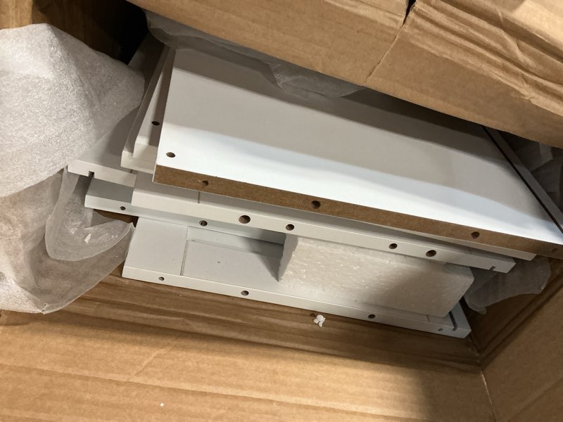 Condition photo showing As Is for vasagle floor storage cabinet, shaker cabinet with 2 adjustable shelves, 4 doors, tall freestanding organizer unit, for kitchen bathroom living room, cloud white ubbc553wh01s 4 doors?42.7"? cloud white