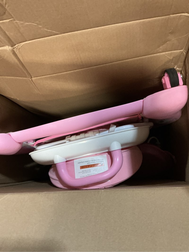 Condition photo showing As Is for 5-in-1 foldable baby walker,music and lights baby walker with wheels,height adjustable infant walker, with activity center, rocker, bouncer,push walker & feeding tray for babies 6-18 months (pink)