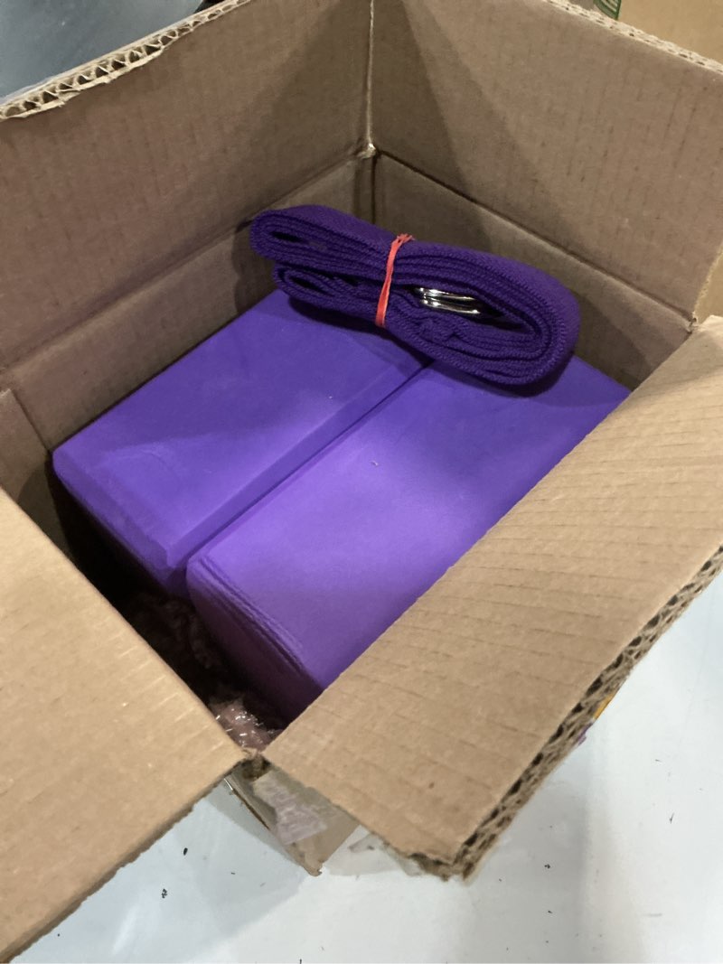Condition photo showing Good Condition for gaiam yoga block - supportive latex-free eva foam - soft non-slip surface with beveled edges for yoga, pilates, meditation - yoga accessories for stability, balance, deepen stretches 2pk block/strap combo 2pk combo deep purple