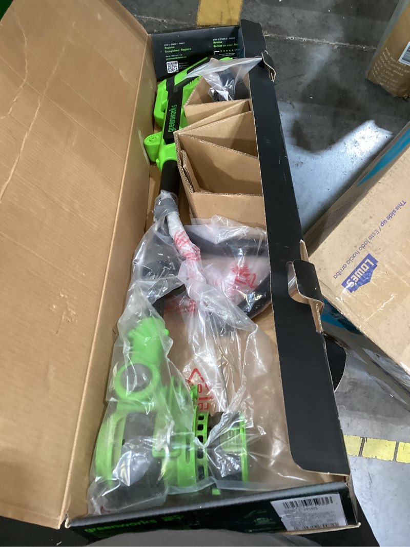 Condition photo showing As Is for greenworks 24v 12" brushless string trimmer kit, 2-in-1 trimmer & edger, adjustable shaft, 3.0ah usb-c battery, 65w usb-c charger, 10 blades, 3-year warranty string trimmer 12" new (battery included)