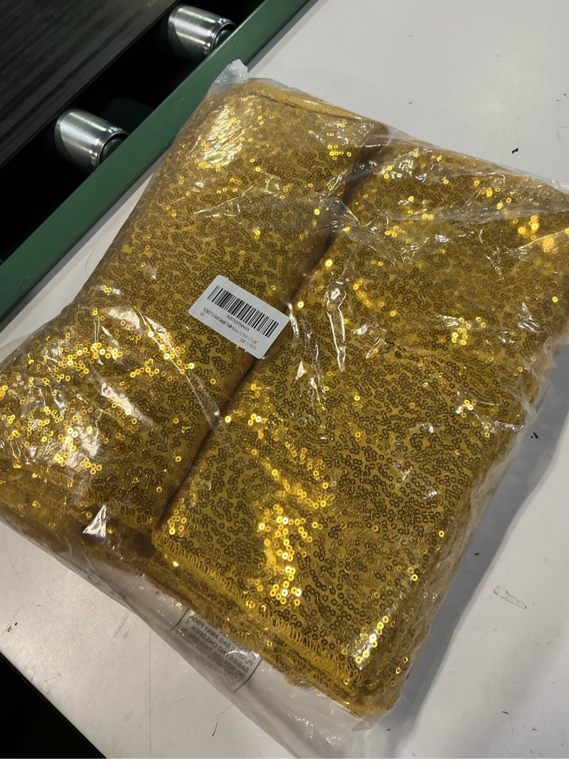 Condition photo showing Good Condition for 12 pack gold sequin table runner 12x108 inch, high density sparkly glitter table runners bulk for wedding reception, party decorations, banquet events, shimmering gold decor 12" x 108"-12pcs gold