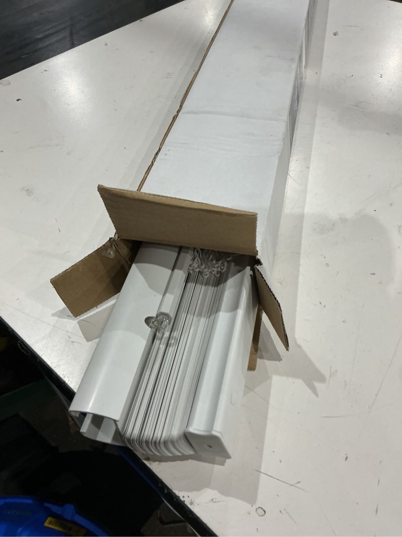 Condition photo showing As Is for project source light filtering 1-in slat width 29-in x 64-in cordless white vinyl light filtering mini-blinds