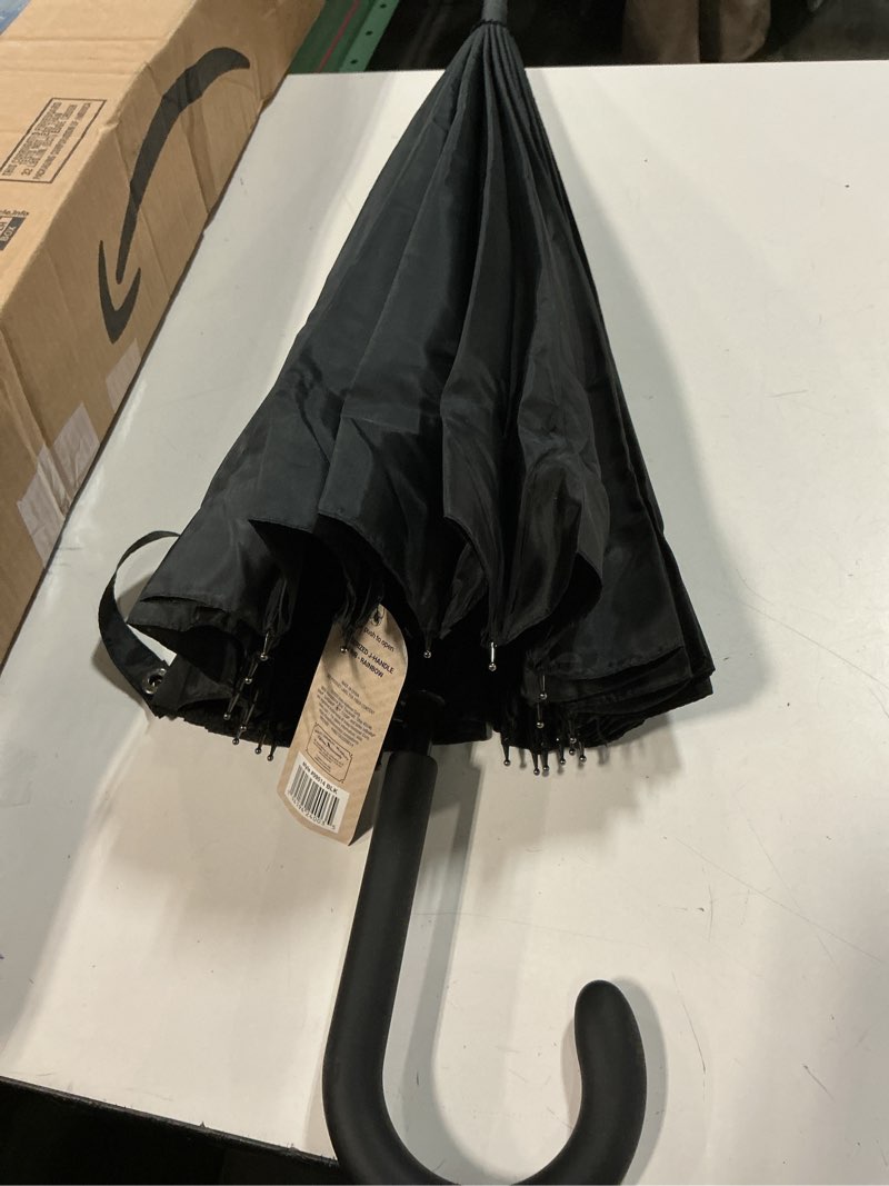 Condition photo showing As Is for totes large eco auto-open 24 rib stick umbrella with a classic j hook curved handle, black