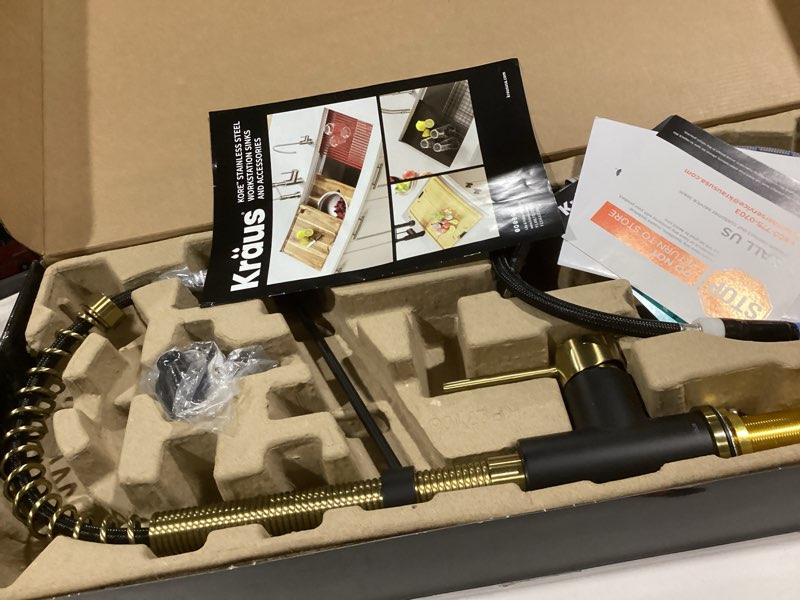 Condition photo showing Good Condition for KRAUS Bolden Commercial Style 2-Function Single Handle Pull Down Kitchen Faucet in Brushed Brass/Matte Black, KPF-1610BBMB Brushed Brass/Matte Black Commercial Style