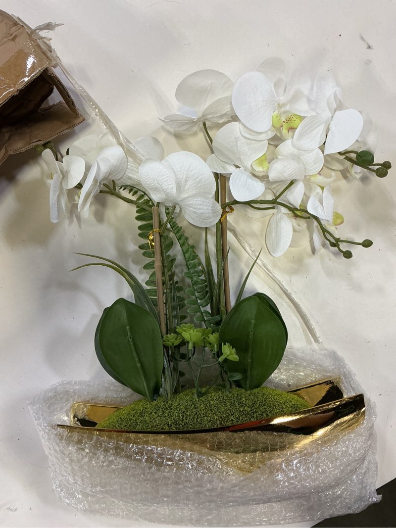 Condition photo showing Good Condition for briful orchids artificial flowers 15" white phalaenopsis orchid with gold pots real touch faux orchid flower for home office bedroom table centerpiece desk decor white#1