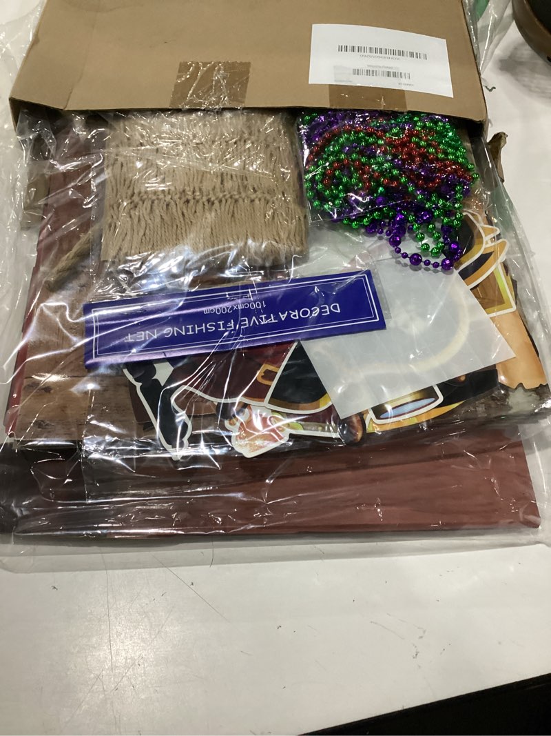 Condition photo showing Good Condition for 28 pcs pirate themed party decorations imitation treasure wooden boxes jewelry fishing net adventure cardboard boxes for pirate nautical caribbean birthday party favors photo booth props