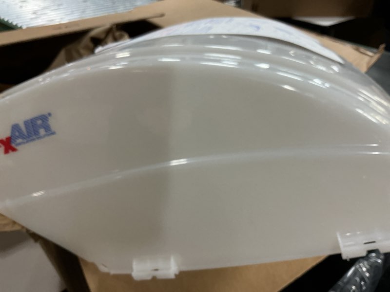 Condition photo showing As Is for maxxair fanmate 00-955001 fan/vent cover with ez clip hardware, constant airflow, super tough, white