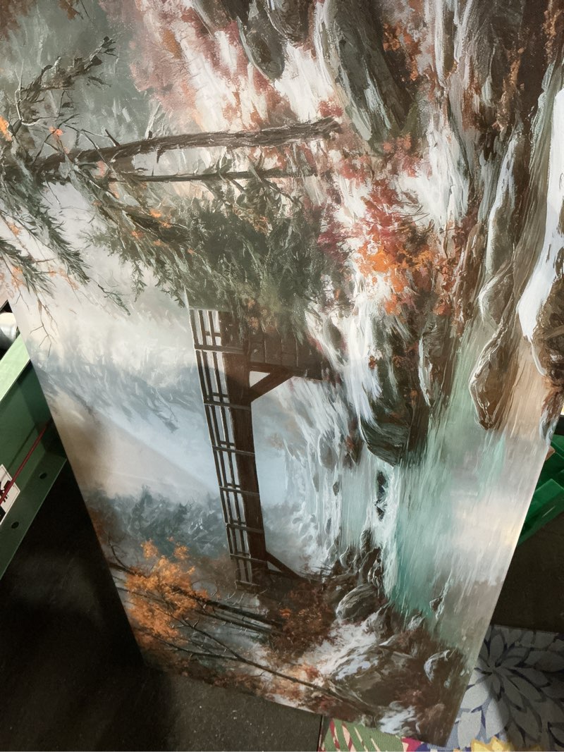 Condition photo showing Good Condition for slycay large winter bridge canvas wall art prints, snow mountain forest landscapes village river oil painting pictures wall decor artwork bedroom living room office home decor 24"x48" snow wooden bridge 48"l x 24"w