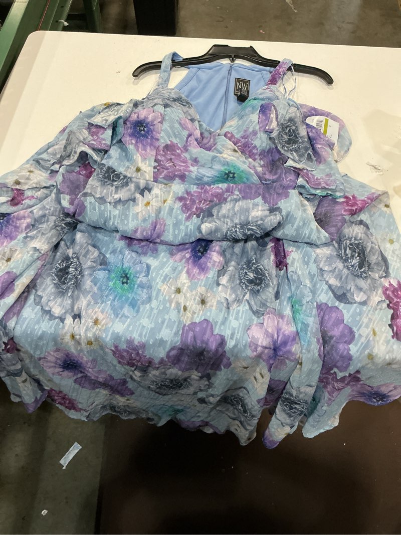 Condition photo showing Good Condition for flowing cold shoulder floral maxi dress w/wrap wasit & hi-lo hem 14 blue multi