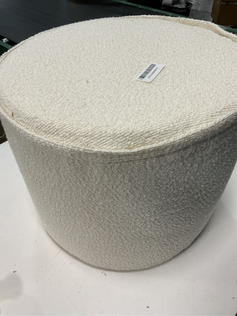 Condition photo showing Good Condition for round pouf ottoman and foot rest, soft boucle footstool ottomans for living room, comfort sponge stuffed poofs for couch desk resting your feet, white(17.1" d x 17.1" w x 14" h) white 17.1"d x 17.1"w x 14"h