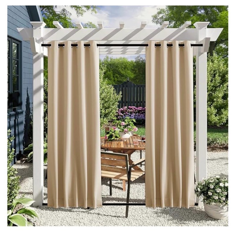  NICETOWN 2 Panels Outdoor Patio Curtains Windproof & Waterproof, Top & Bottom Grommet & Back Tab Light Blocking Thermal Drapes Privacy for Yard/Porch with Ropes for Fixed, Biscotti Beige, W46 x L63