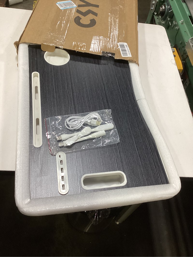 Condition photo showing Good Condition for laptop bed table, laptop desk for bed, foldable laptop bed desk with usb charge port, handle, desktop card slot, cup slot, side drawer, portable laptop table for bed eating reading working black