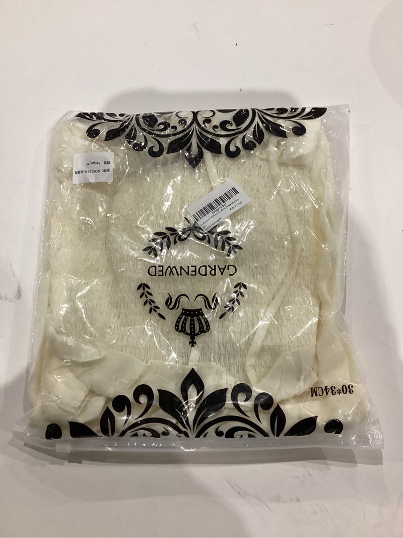 Condition photo showing New/Like New for Women's Square Neck Midi Dress, Smocked Bodice Puff Sleeves Tiered Ruffle Sundress with Floral Textured Small White