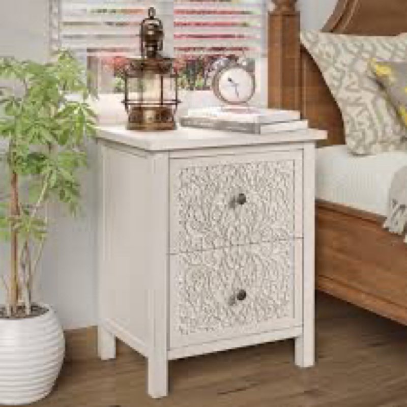 Levera Farmhouse Fully-Assembled 2-Drawer Nightstand, Distressed White-Washed End Table