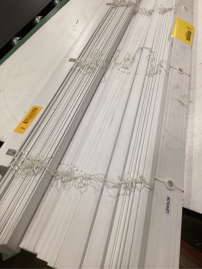 Condition photo showing As Is for 2 LEVOLOR Trim+Go 2-in Slat Width 27 in x 65 in Cordless White Faux Wood Blinds