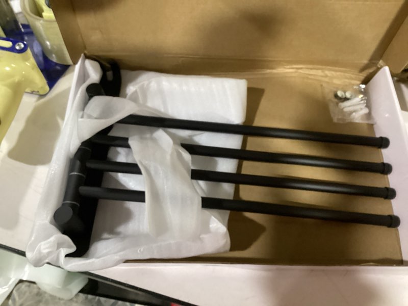 Condition photo showing New/Like New for nearmoon swivel towel rack, 13.8" thicken 304 stainless steel 4-arm towel bar, space saving wall mounted towel holder with hook, rustproof swing out towel hanger for bathroom, kitchen (matte black) matte black 13.8 inch