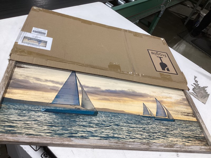 Condition photo showing Good Condition for Coastal Framed Wooden Wall Art: Ocean Painting Art Sail Boats Artwork Decor Sunset Seascape Picture Prints for Bedroom 24"x12" Ocean Sunset View 24"L x 12"W