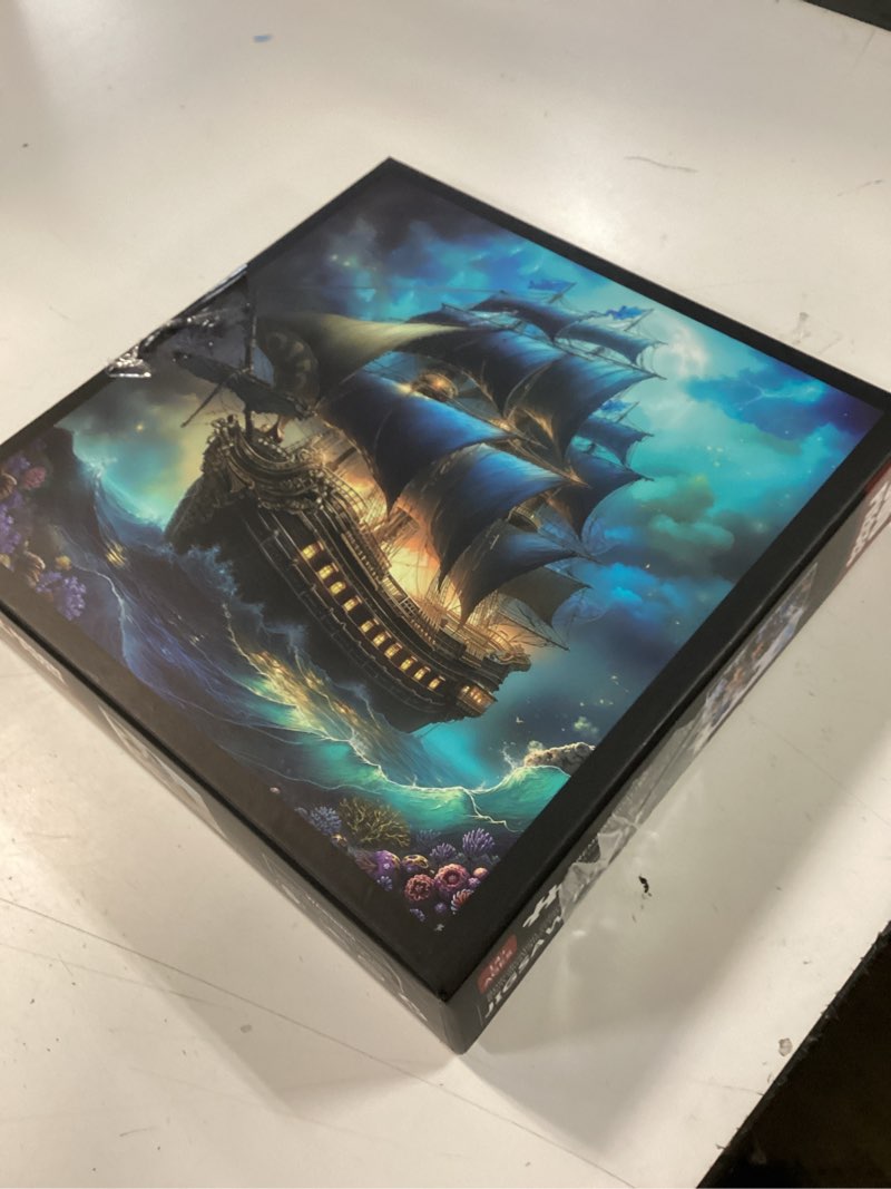 Condition photo showing New/Like New for 1000 pieces jigsaw puzzles for adults, pirate ship ocean adventure puzzle with letters on back, 22.8×22.8 inch hard difficult challenging adult puzzle for gift & home decor