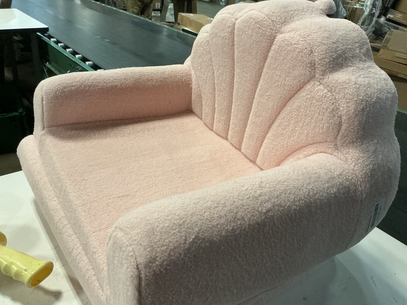 Condition photo showing As Is for blissful diary kids couch, 2-in-1 soft toddler couch fold out, toddler chair comfy, convertible sofa to lounger, kids furniture for playroom, gift for birthday, children's day, pink shell shell rosado