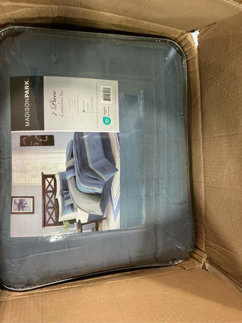 Condition photo showing Good Condition for Madison Park Cozy Comforter Set Casual Modern Design All Season, Matching Bed Skirt, Decorative Pillows, Queen(90"x90"), Blue Grey, 7 Piece (MP10-1636) Collins Blue/Grey Queen
