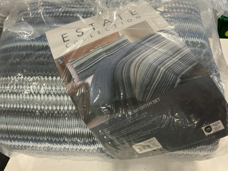 Condition photo showing Good Condition for estate collection taj blue stripe reversible twin comforter with (fill)
