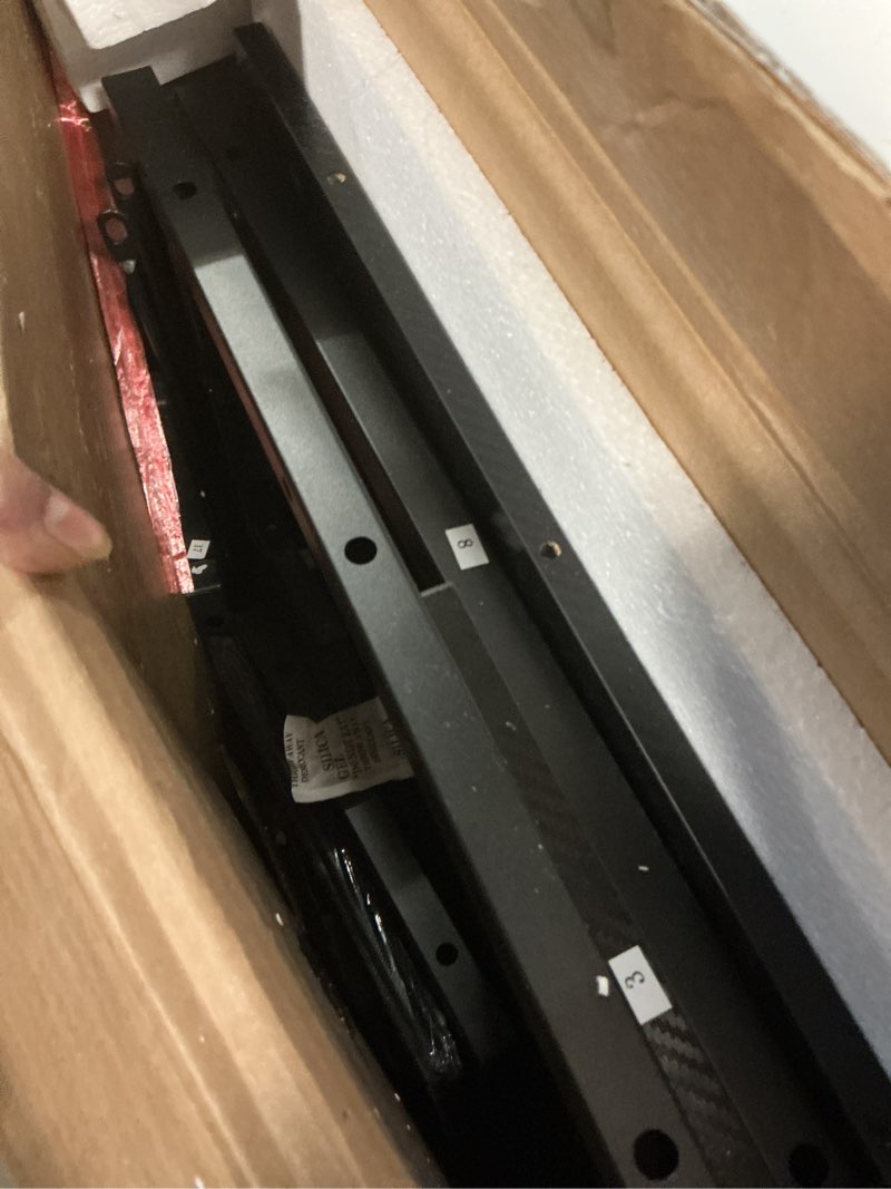 Condition photo showing As Is for odk 48 inch gaming desk with usb charging ports and led lights, reversible l shaped computer desk with storage shelves & monitor stand, corner gamer desk table with power outlets, black carbon fiber surface, black 48 inch