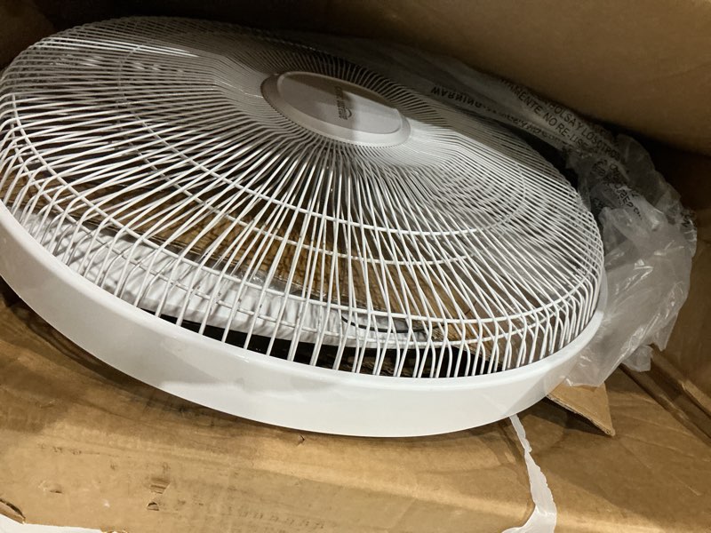 Condition photo showing As Is for amazon basics 16-inch quiet dc motor standing floor fan for bedroom, 12 speed with remote, 3 breeze modes, adjustable height, dual-layered blades, timer, energy efficient (28w), white 12-speed, dc motor
