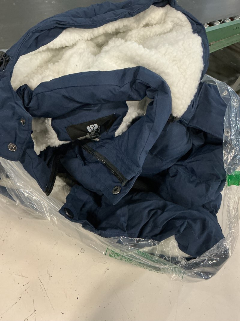 Condition photo showing As Is for (size m)pursky men's long winter coat warm sherpa lined quilted puffer jacket waterproof thicken puffy parka with hood medium navy blue