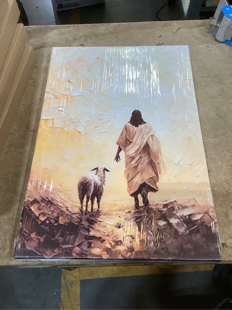 Condition photo showing New/Like New for 3pcs framed jesus lambs canvas wall art jesus with boys walking on water golden light biblical paintings pictures posters for living room wall decor church decoration