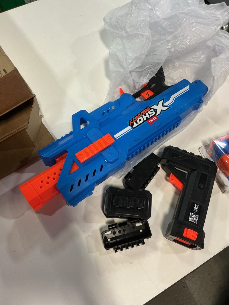 Condition photo showing As Is for xshot insanity motorized clip mania dart blaster with 72 darts - air pocket technology, auto feeding belt, tripod & scope, outdoor toy