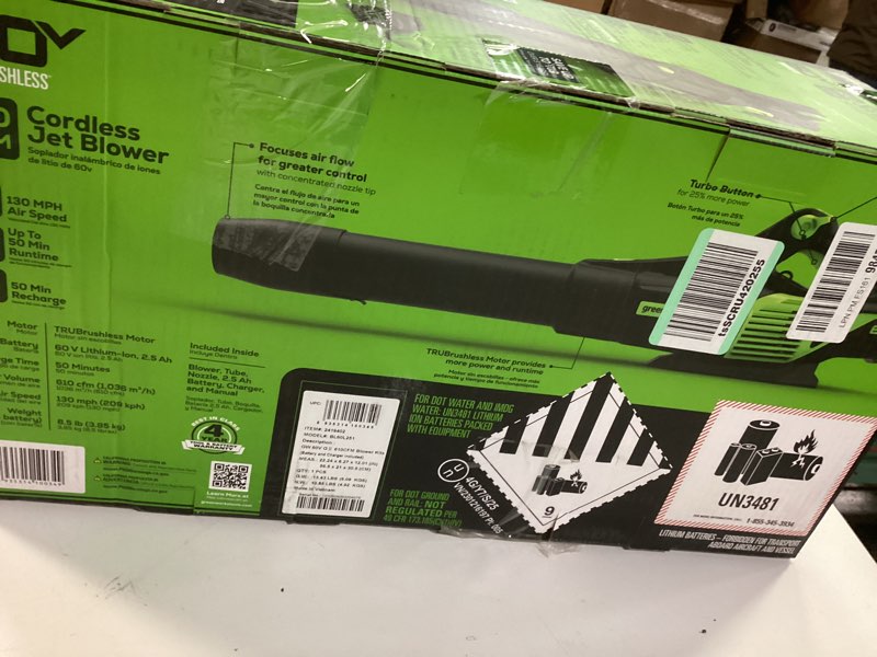Condition photo showing New/Like New for greenworks 60v (610 cfm / 130 mph) cordless leaf blower, high power, lightweight & quiet operation for wet leaves, driveways and dense gravel, includes 2.5ah battery & 5a rapid charger blower (610 cfm), 2.5ah